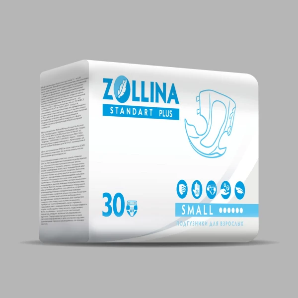 Подгузники для взрослых Zollina Standart PLUS, размер S, обхват талии до 90 см, Тяжелой степени недержания, 30 шт. в упаковке