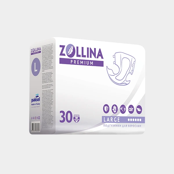 Подгузники для взрослых Zollina Premium, размер L, обхват талии до 150 см, Тяжелой степени недержания, 30 шт. в упаковке