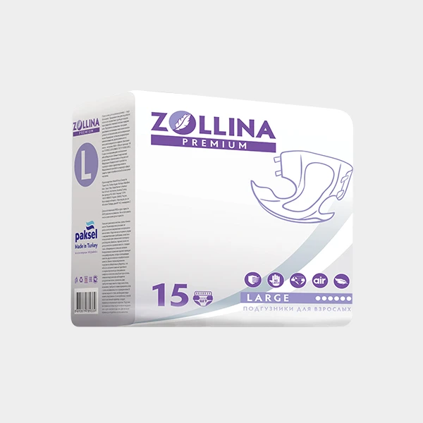 Подгузники для взрослых Zollina Premium, размер L, обхват талии до 150 см, 15 шт. в упаковке
