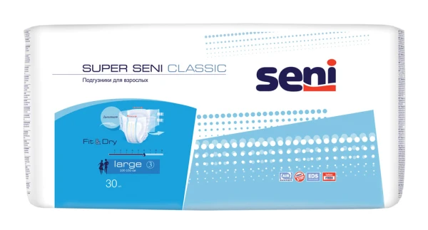 Подгузники для взрослых, размер &quot;L&quot;, с полным влагопоглощением не менее 2000 г Super Seni Classic