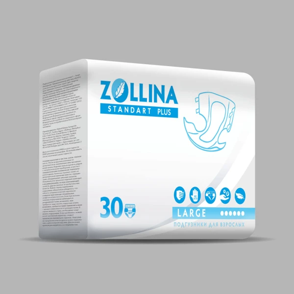 Подгузники для взрослых Zollina Standart PLUS, размер L, обхват талии до 150 см, Тяжелой степени недержания, 30 шт. в упаковке