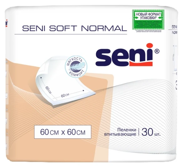 Впитывающие простыни (пеленки) размером не менее 60 х 60 см (впитываемостью от 800 до 1200 мл) Seni Soft Normal