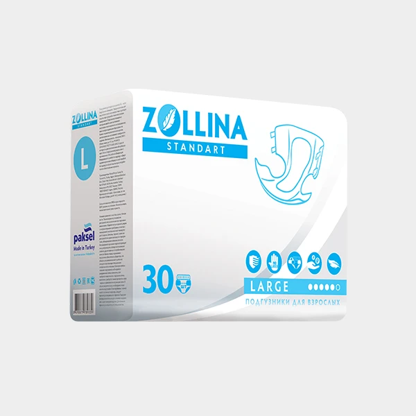 Подгузники для взрослых Zollina Standart, размер L, обхват талии до 150 см, Средней степени недержания, 30 шт. в упаковке