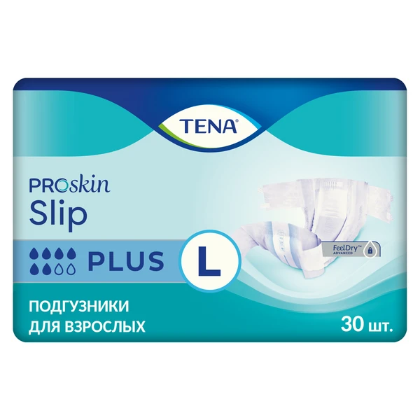 Подгузники дышащие TENA Slip Plus / ТЕНА Слип, L (талия/бедра 96-144 см), 30 шт.