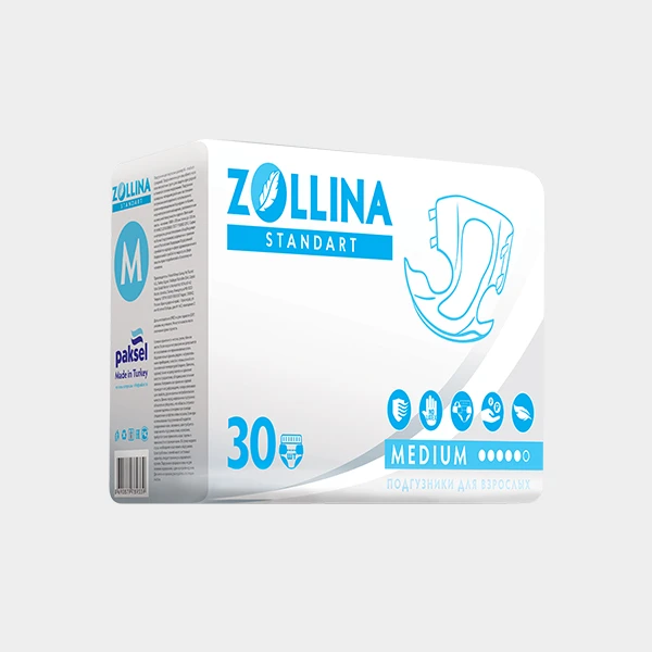 Подгузники для взрослых Zollina Standart, размер M, обхват талии до 120 см, Средней степени недержания, 30 шт. в упаковке