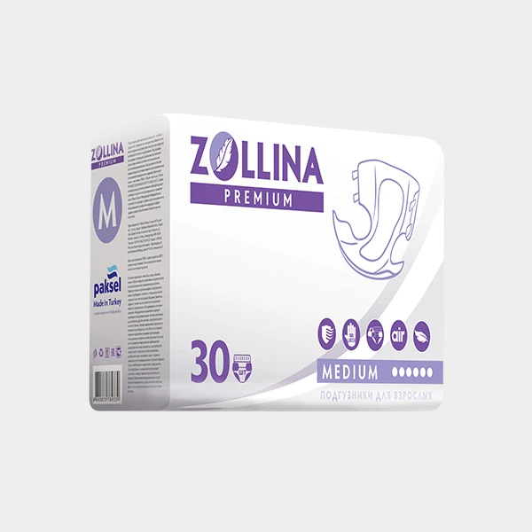 Подгузники для взрослых Zollina Premium, размер M, обхват талии до 120 см, Тяжелой степени недержания, 30 шт. в упаковке