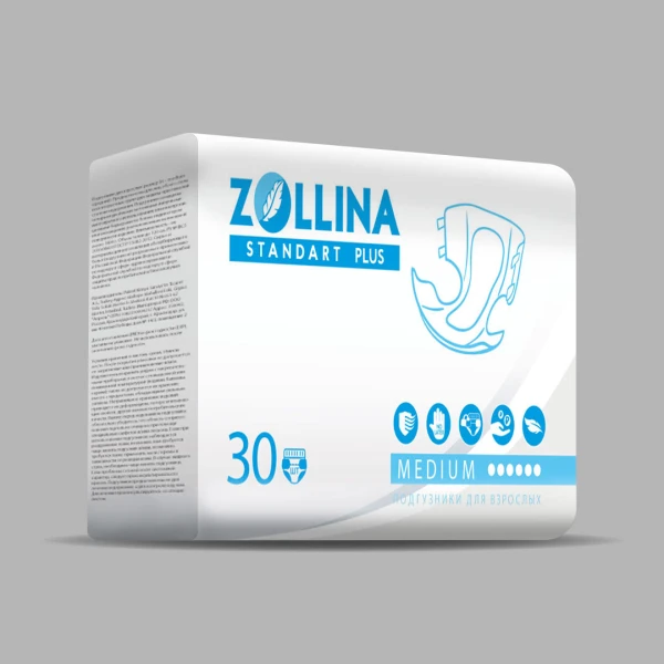 Подгузники для взрослых Zollina Standart Plus, размер M, обхват талии до 120 см, Тяжелой степени недержания, 30 шт. в упаковке