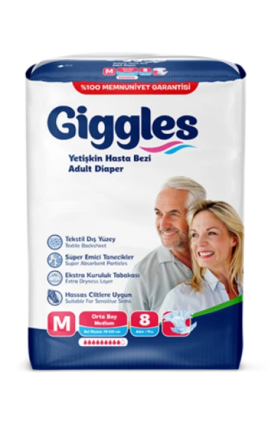 Подгузники для взрослых Giggles 8 шт в упаковке, размер M, обхват талии 70-110