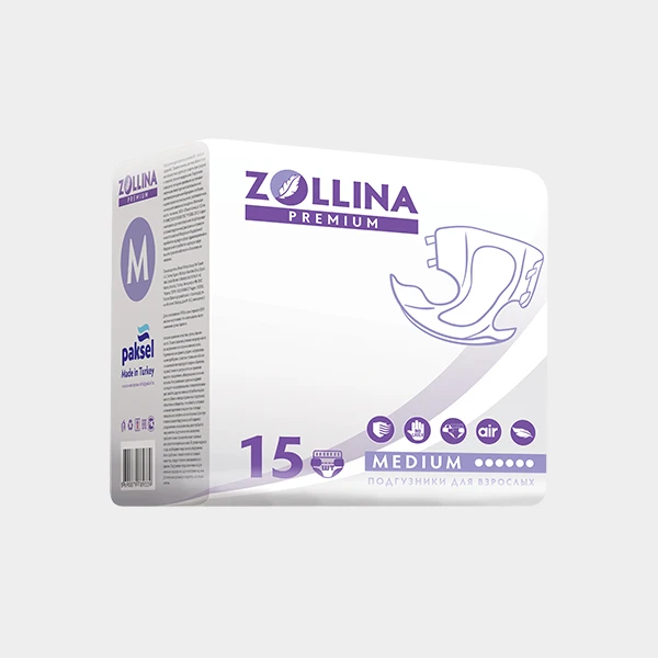 Подгузники для взрослых Zollina Premium, размер M, обхват талии до 120 см, 15 шт. в упаковке
